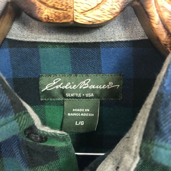 Eddie Bauer Flannel Cotton Plaid Button Down Shirt Green Blue Black Mens Large - Picture 3 of 8